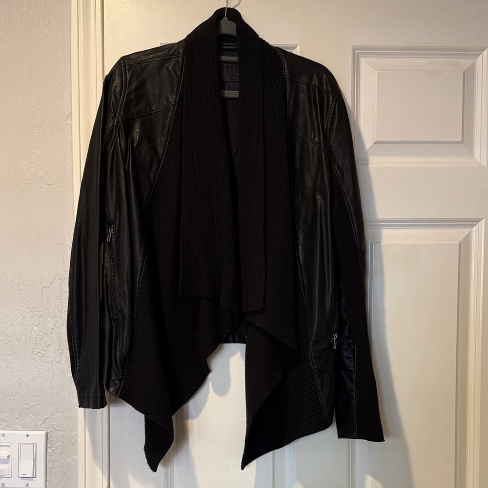 Blank NYC Black Draped Faux Leather & Knit Open Front Jacket